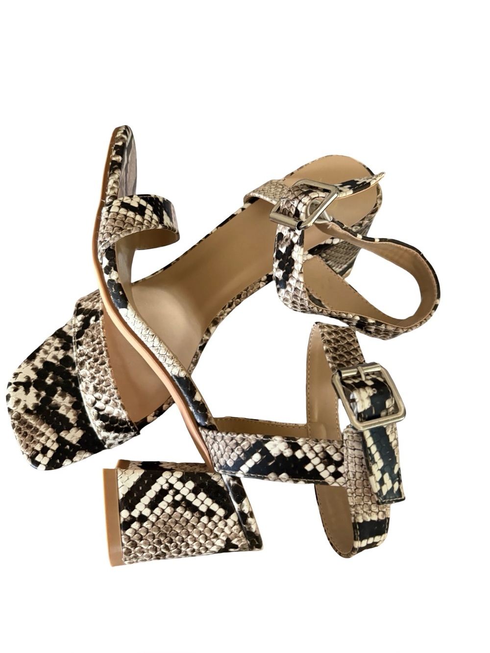 Snake print square toe heels